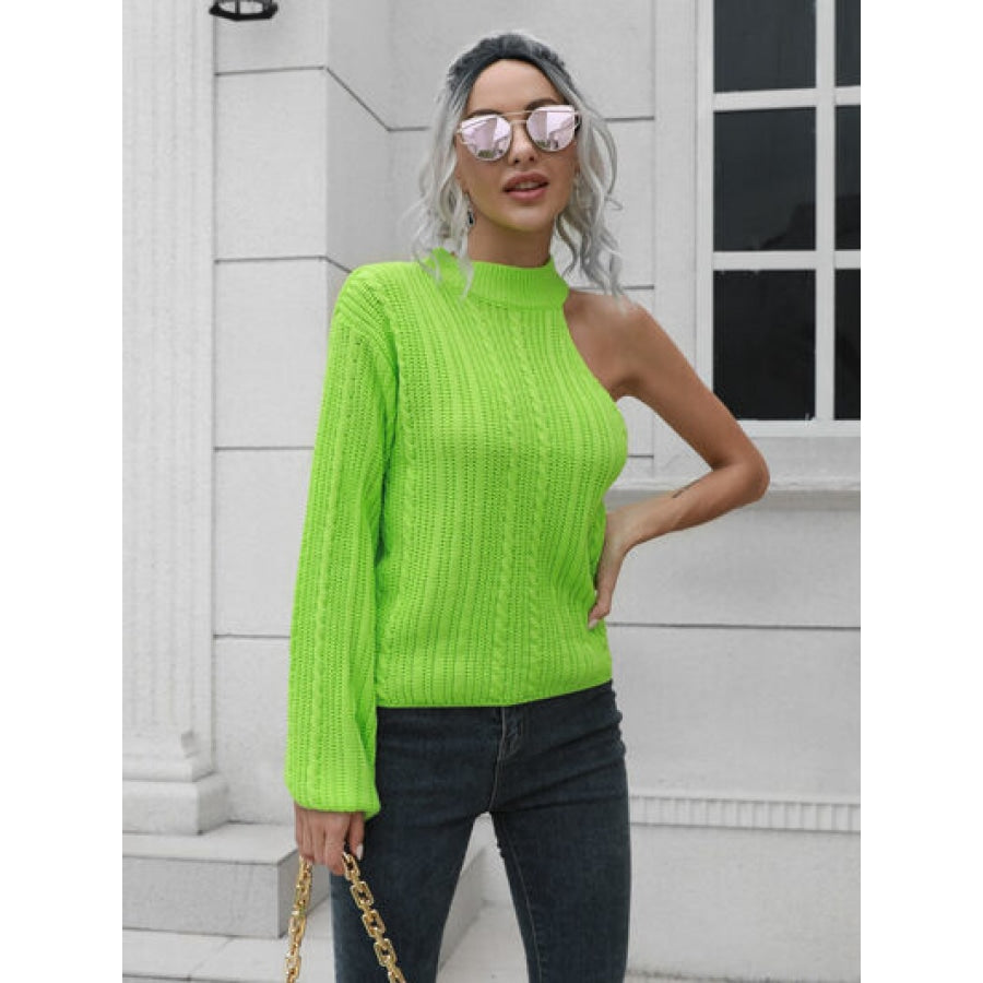 Cable-Knit Round Neck Asymmetrical Sweater Clothing