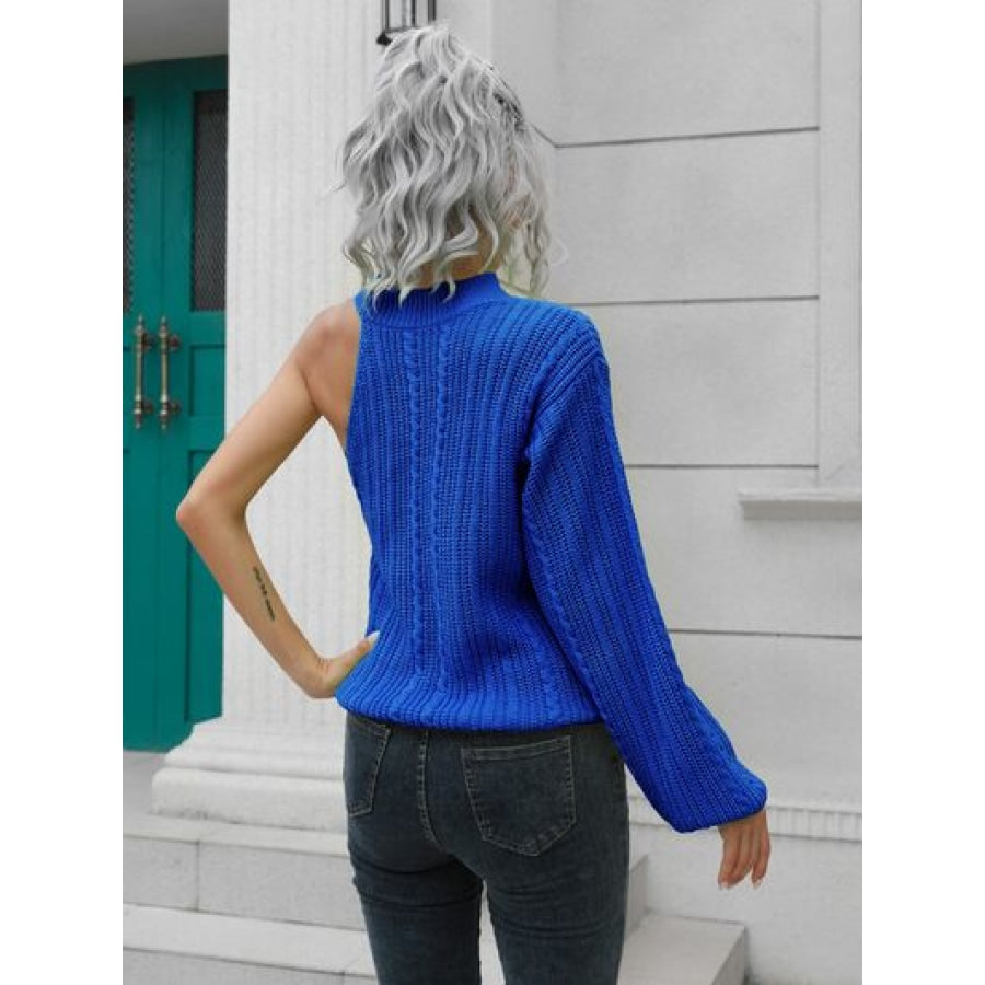 Cable-Knit Round Neck Asymmetrical Sweater Royal Blue / S Clothing