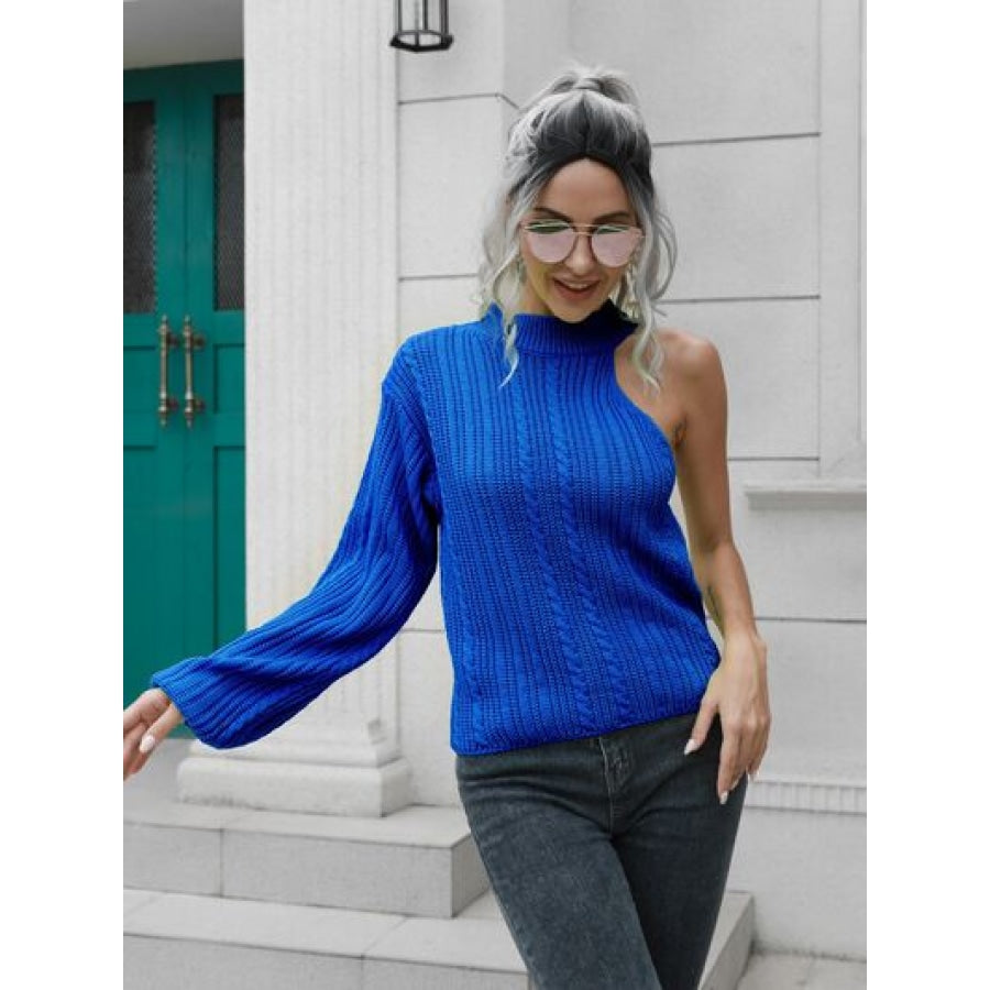 Cable-Knit Round Neck Asymmetrical Sweater Clothing