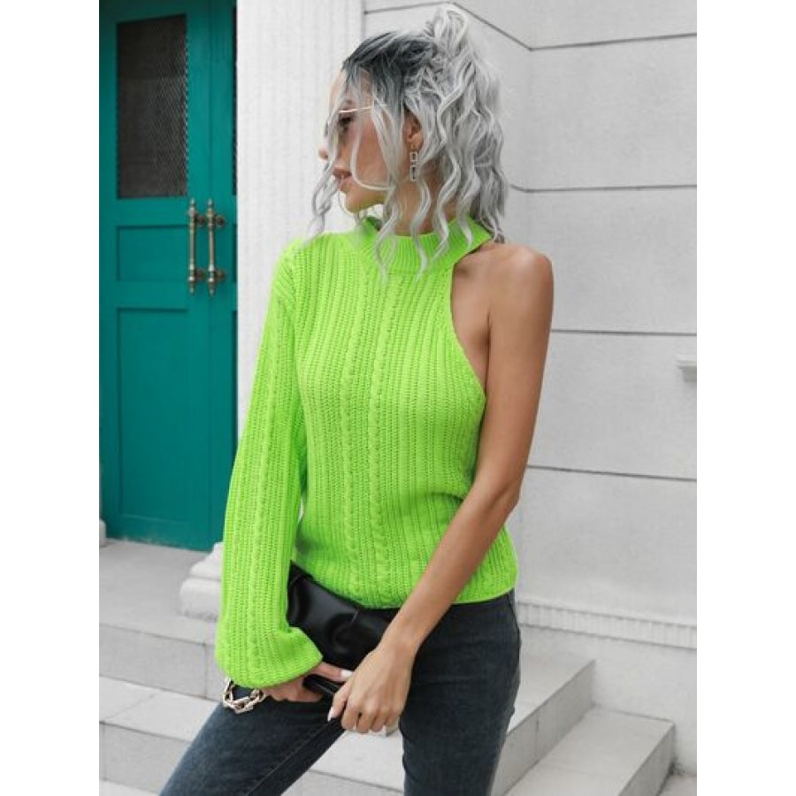 Cable-Knit Round Neck Asymmetrical Sweater Clothing