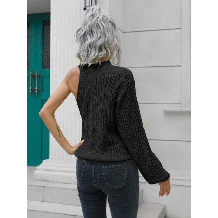 Cable-Knit Round Neck Asymmetrical Sweater Clothing