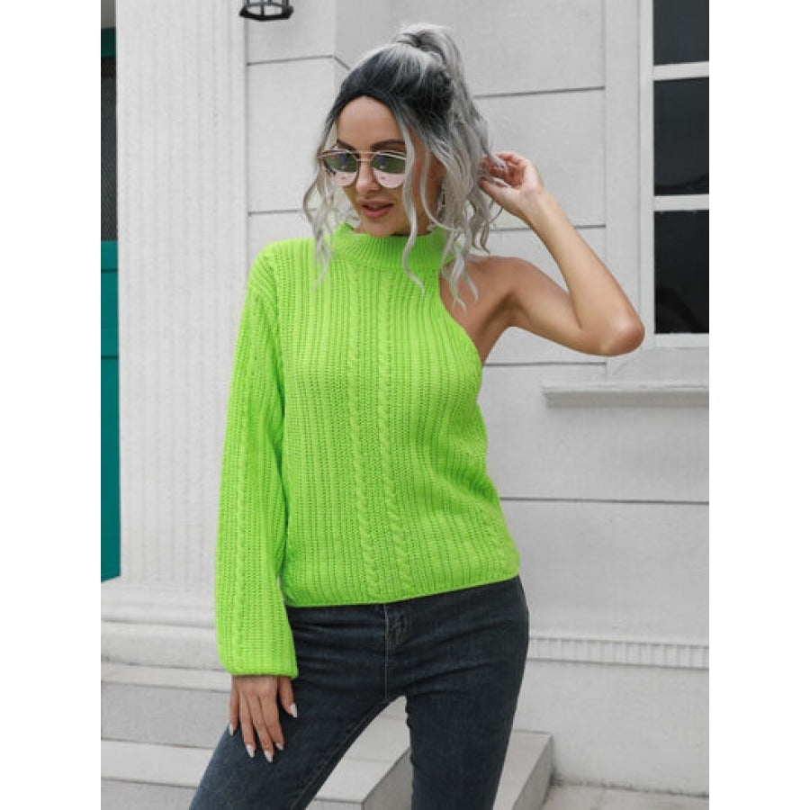 Cable-Knit Round Neck Asymmetrical Sweater Mint Green / S Clothing