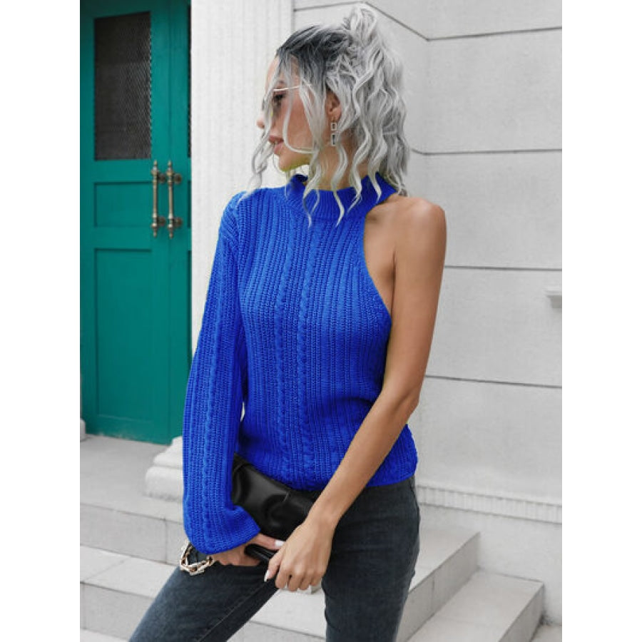 Cable-Knit Round Neck Asymmetrical Sweater Royal Blue / S Clothing