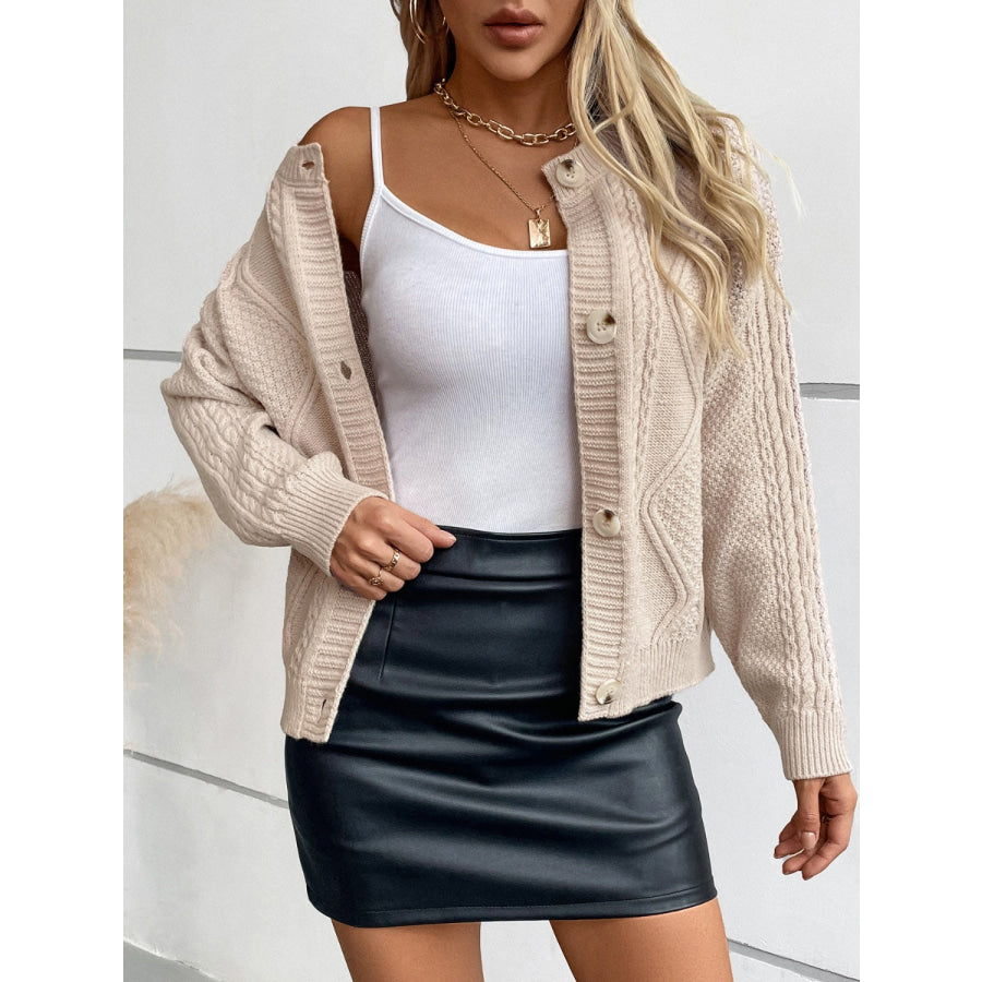 Cable-Knit Round Neck Button Up Cardigan Apparel and Accessories