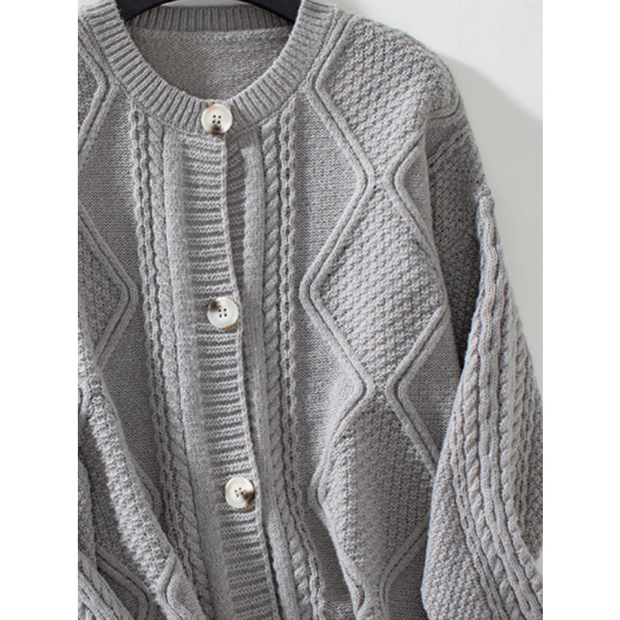 Cable-Knit Round Neck Button Up Cardigan Apparel and Accessories