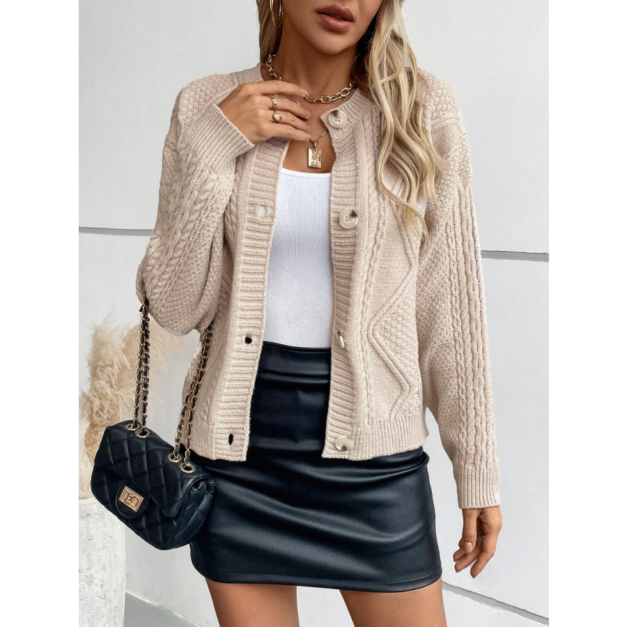 Cable-Knit Round Neck Button Up Cardigan Apparel and Accessories