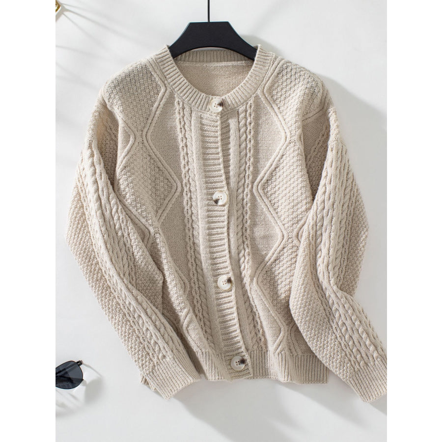 Cable-Knit Round Neck Button Up Cardigan Apparel and Accessories