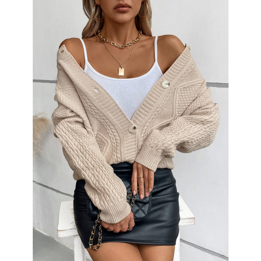 Cable-Knit Round Neck Button Up Cardigan Apparel and Accessories