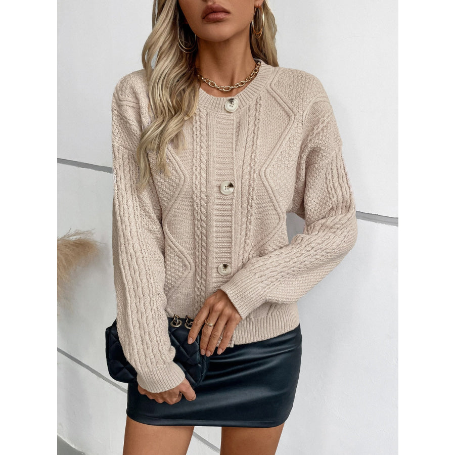 Cable-Knit Round Neck Button Up Cardigan Dust Storm / S Apparel and Accessories