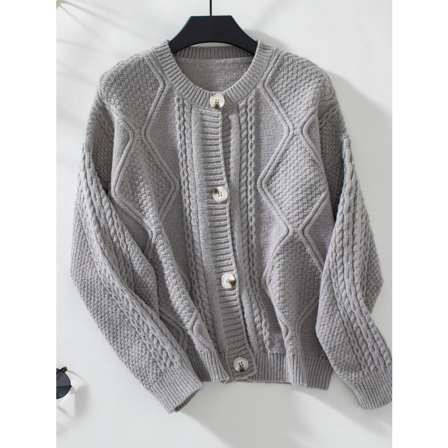 Cable-Knit Round Neck Button Up Cardigan Gray / S Apparel and Accessories