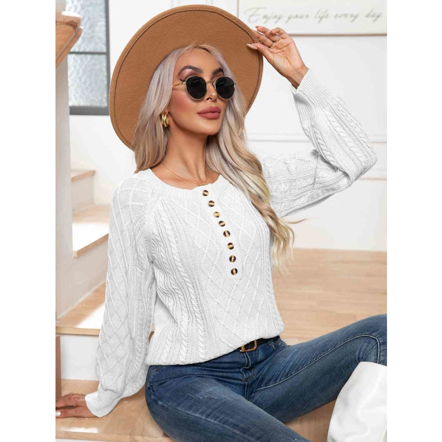 Cable-Knit Round Neck Buttoned Sweater