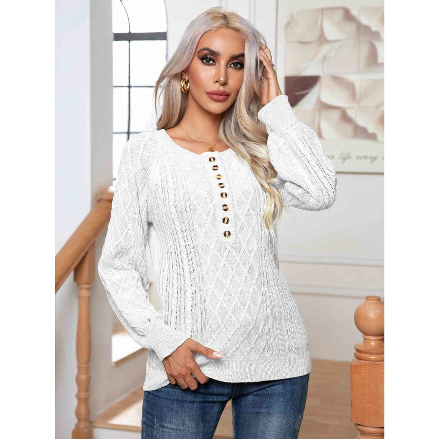 Cable-Knit Round Neck Buttoned Sweater White / S