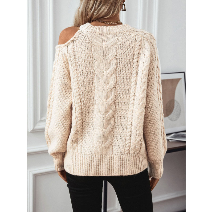 Cable Knit Round Neck Cold Shoulder Sweater Tan / S Apparel and Accessories