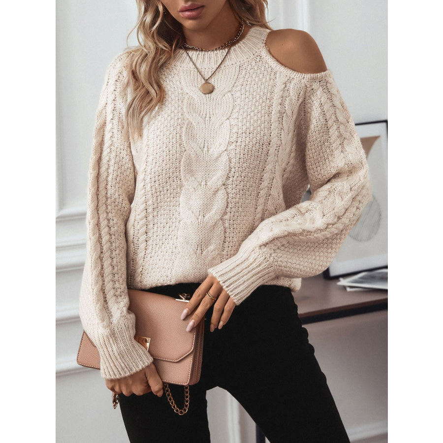 Cable Knit Round Neck Cold Shoulder Sweater Apparel and Accessories