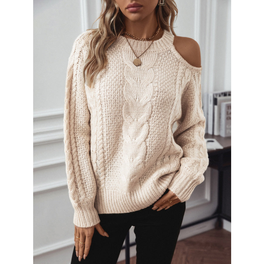 Cable Knit Round Neck Cold Shoulder Sweater Apparel and Accessories