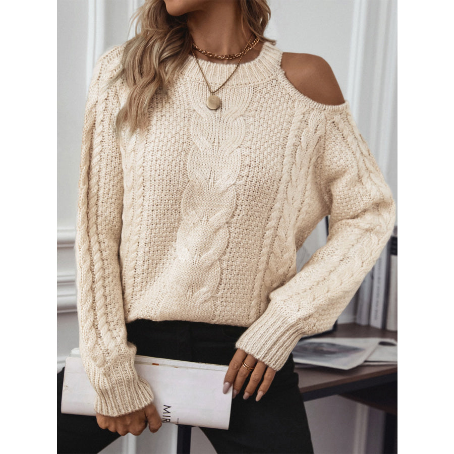 Cable Knit Round Neck Cold Shoulder Sweater Apparel and Accessories