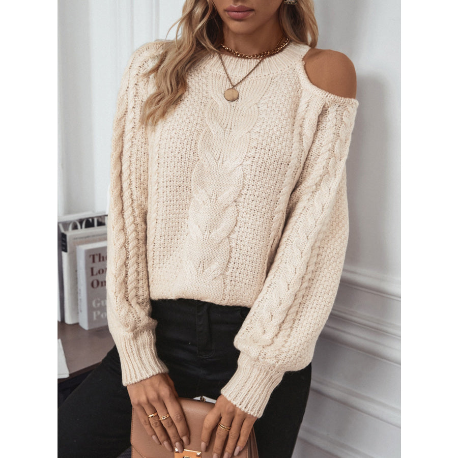 Cable Knit Round Neck Cold Shoulder Sweater Apparel and Accessories