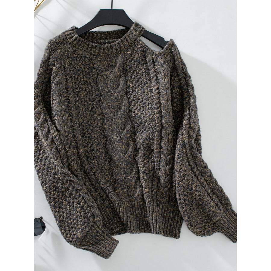 Cable Knit Round Neck Cold Shoulder Sweater Olive Brown / S Apparel and Accessories