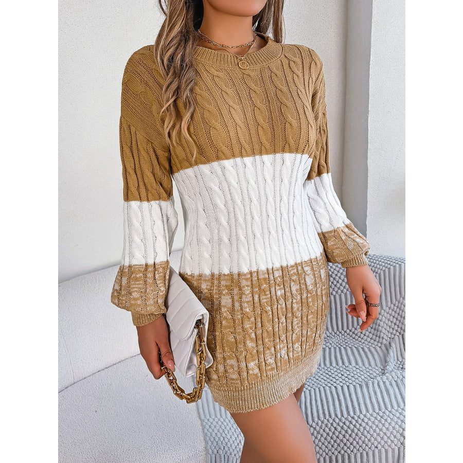Cable-Knit Round Neck Color Block Sweater Dress Apparel and Accessories