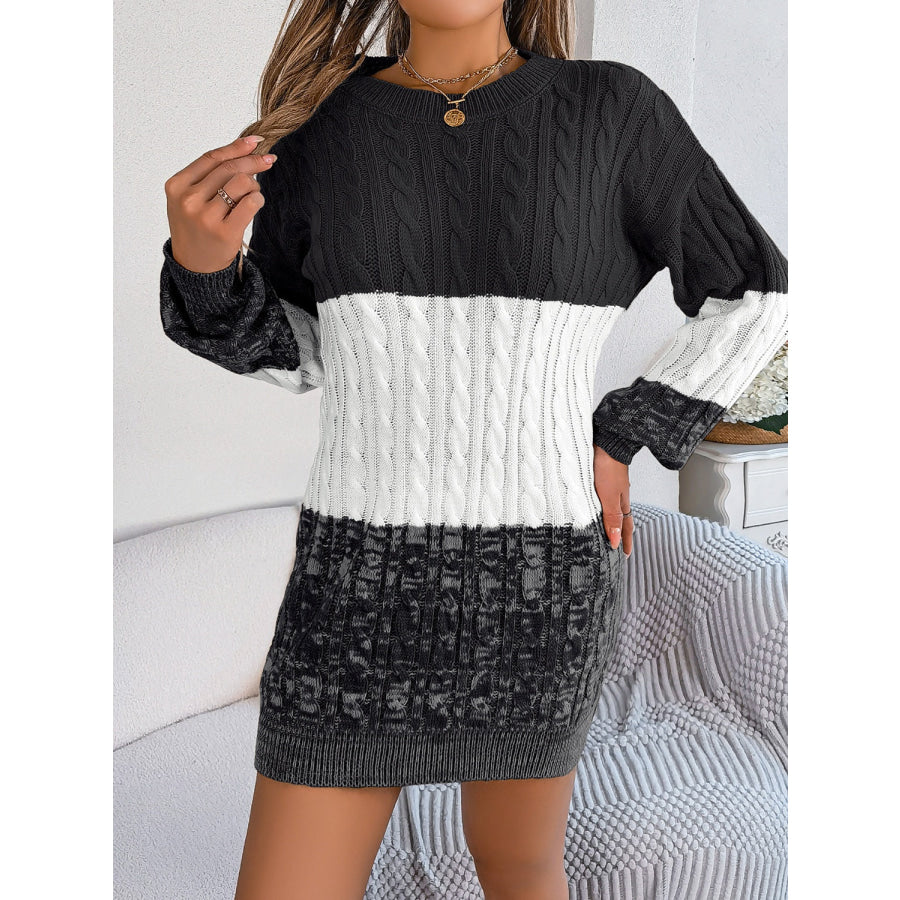 Cable-Knit Round Neck Color Block Sweater Dress Apparel and Accessories