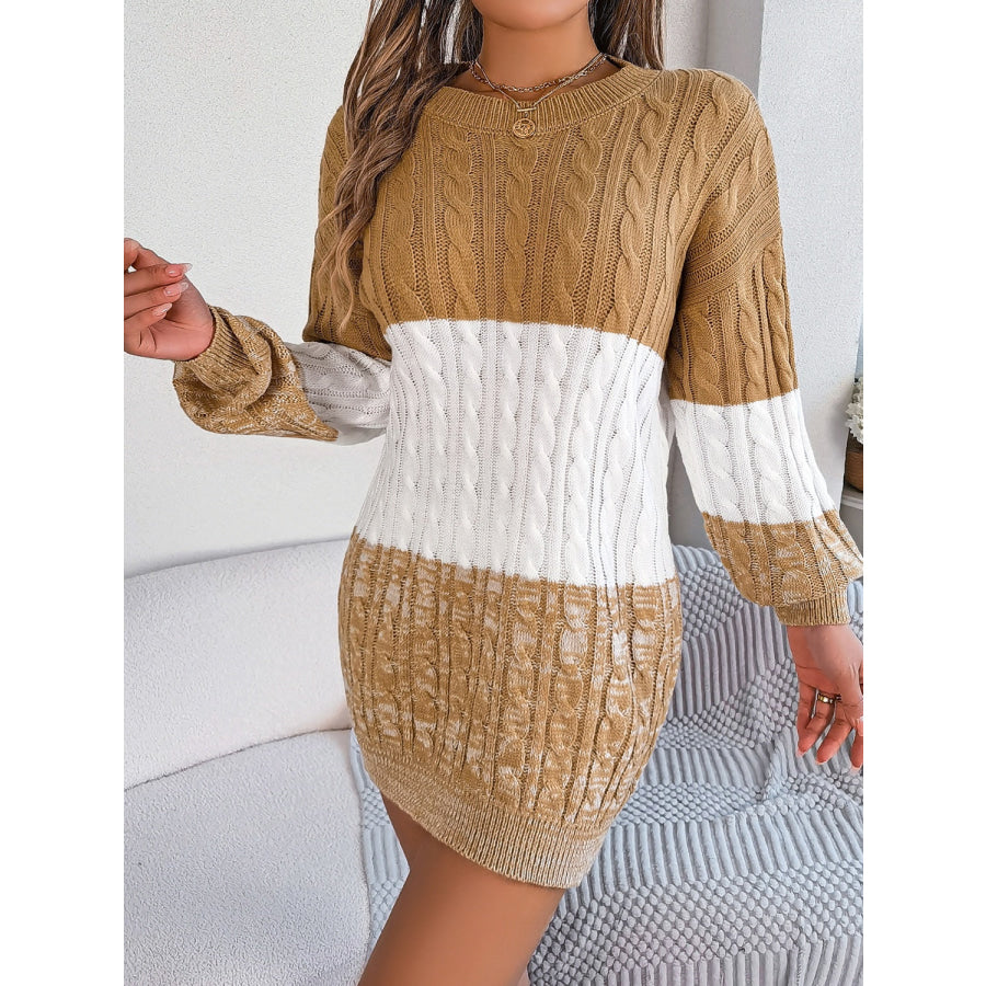 Cable-Knit Round Neck Color Block Sweater Dress Apparel and Accessories