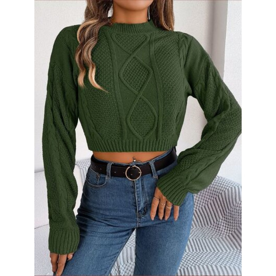 Cable-Knit Round Neck Cropped Sweater Army Green / S Clothing