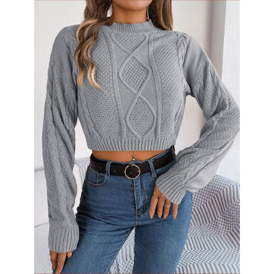 Cable-Knit Round Neck Cropped Sweater Charcoal / S Clothing