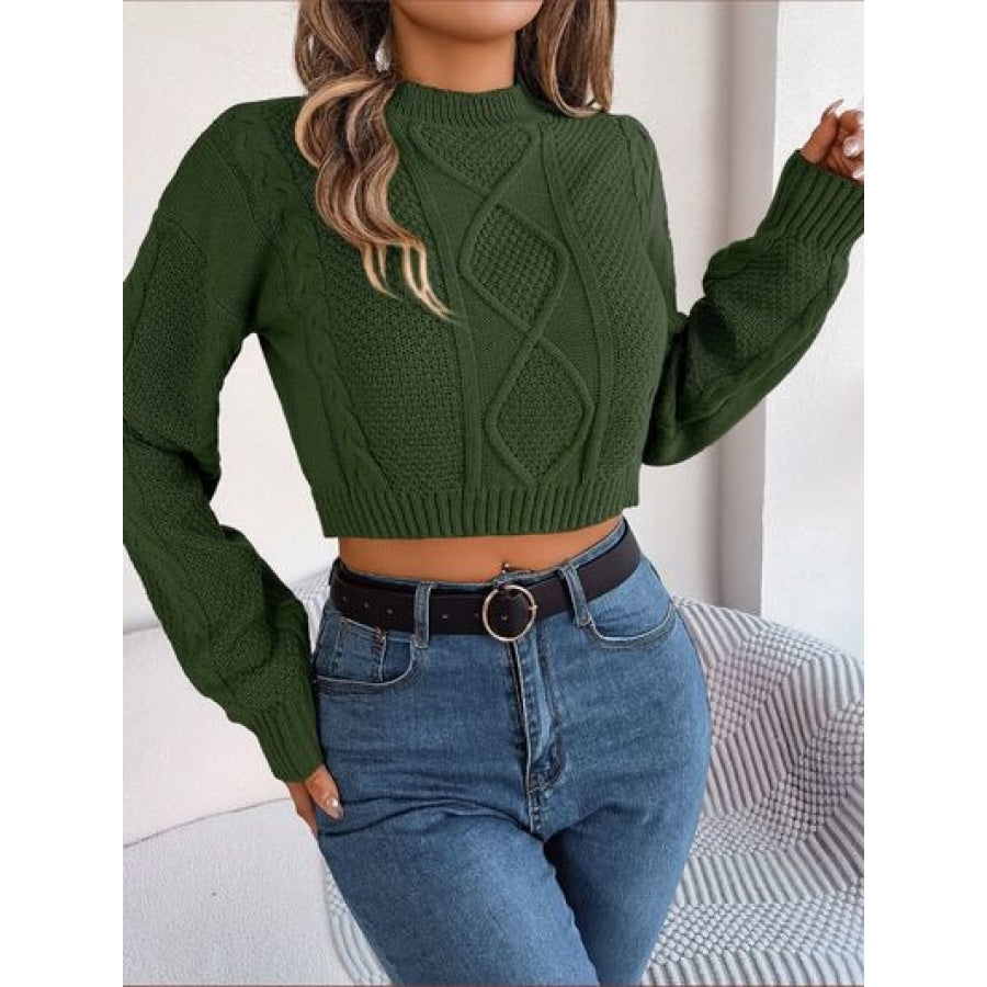 Cable-Knit Round Neck Cropped Sweater Clothing