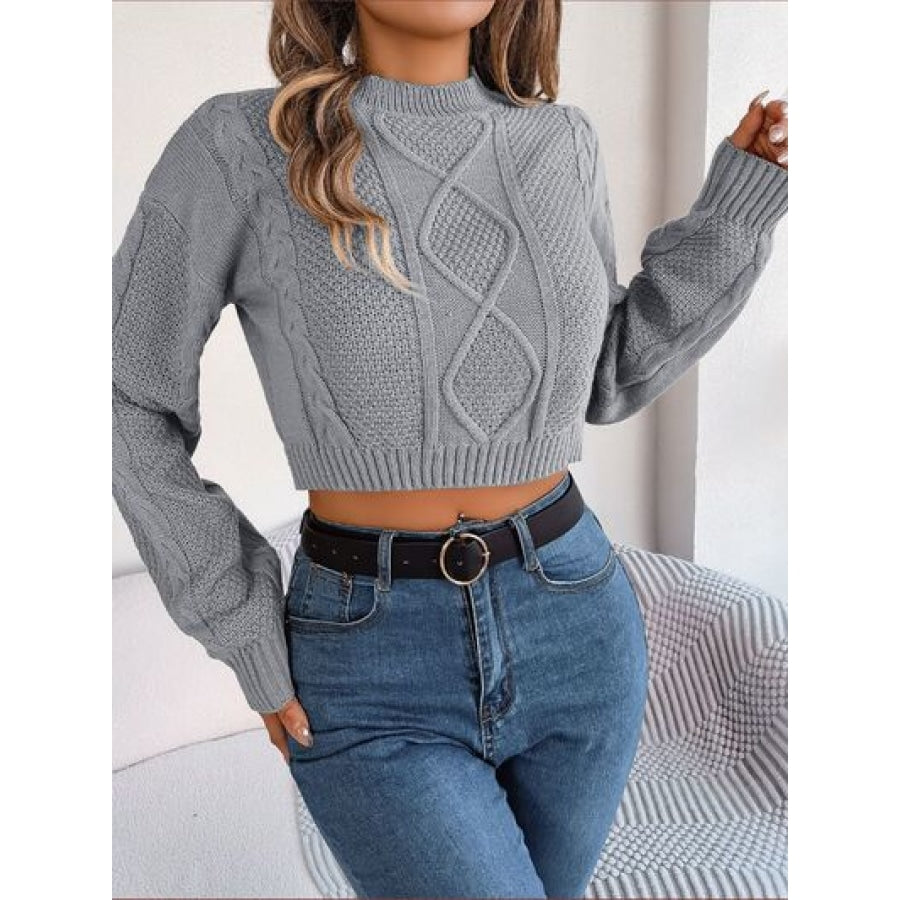 Cable-Knit Round Neck Cropped Sweater Clothing