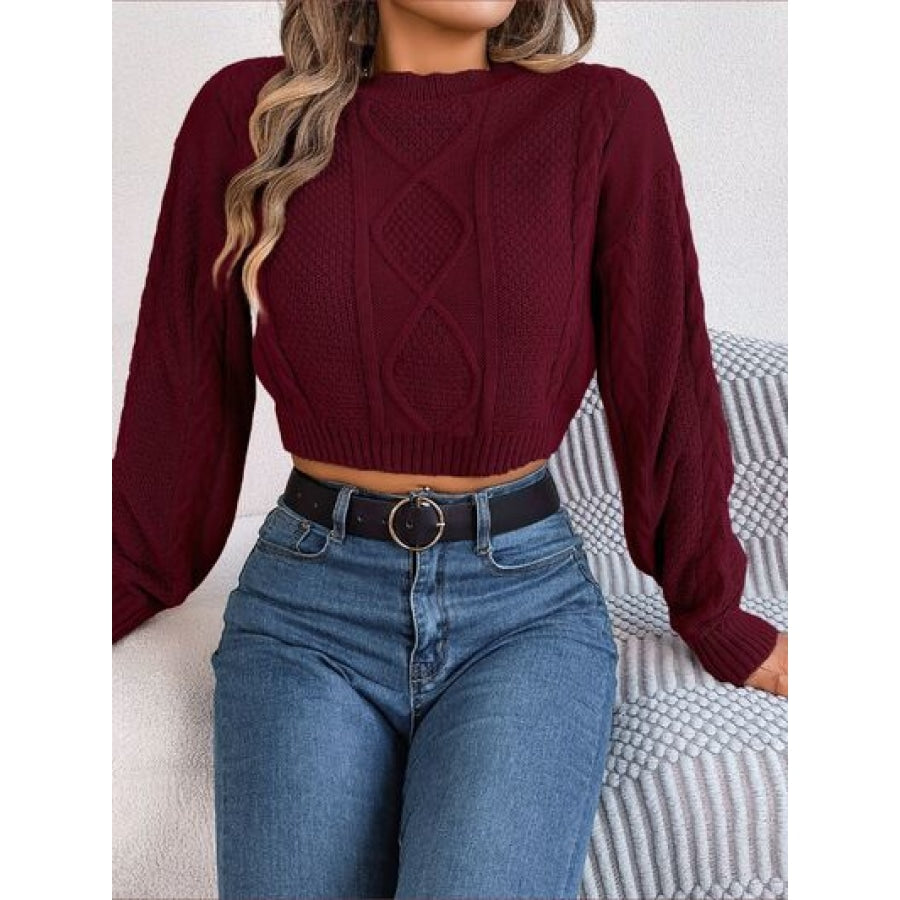 Cable-Knit Round Neck Cropped Sweater Clothing