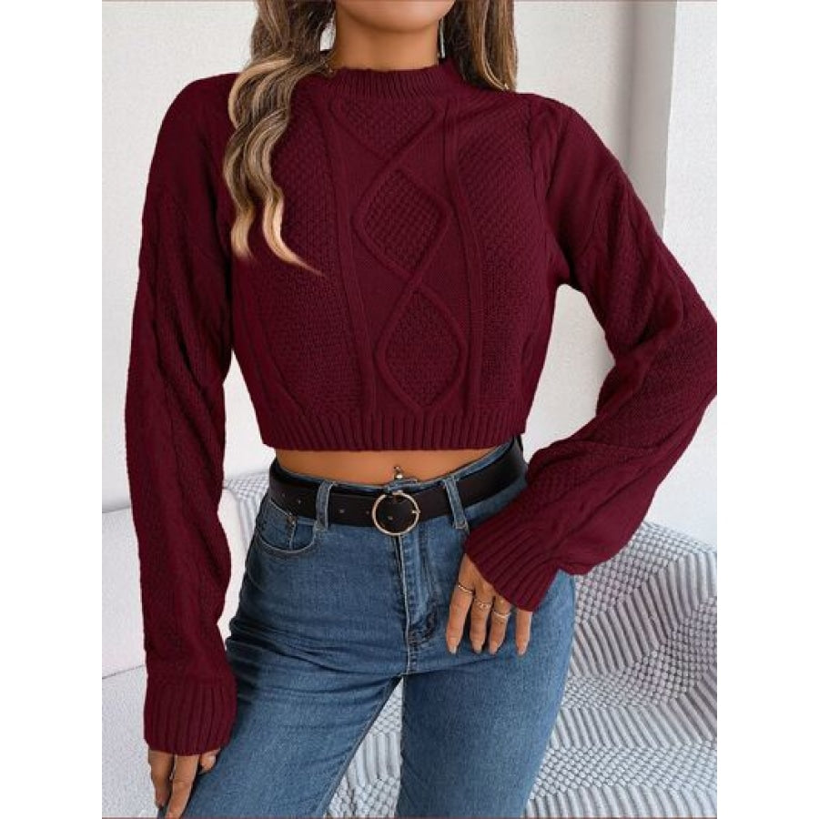 Cable-Knit Round Neck Cropped Sweater Wine / S Clothing