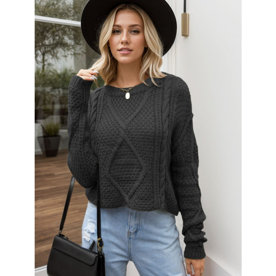 Cable-Knit Round Neck Dropped Shoulder Sweater Apparel and Accessories