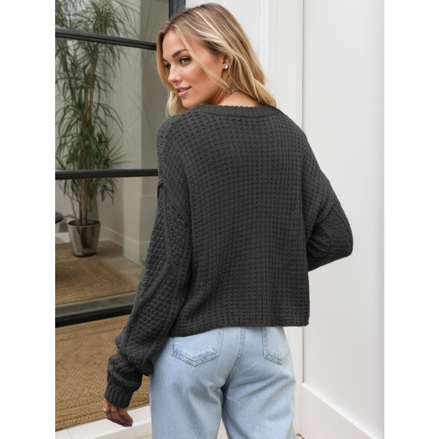 Cable-Knit Round Neck Dropped Shoulder Sweater Apparel and Accessories