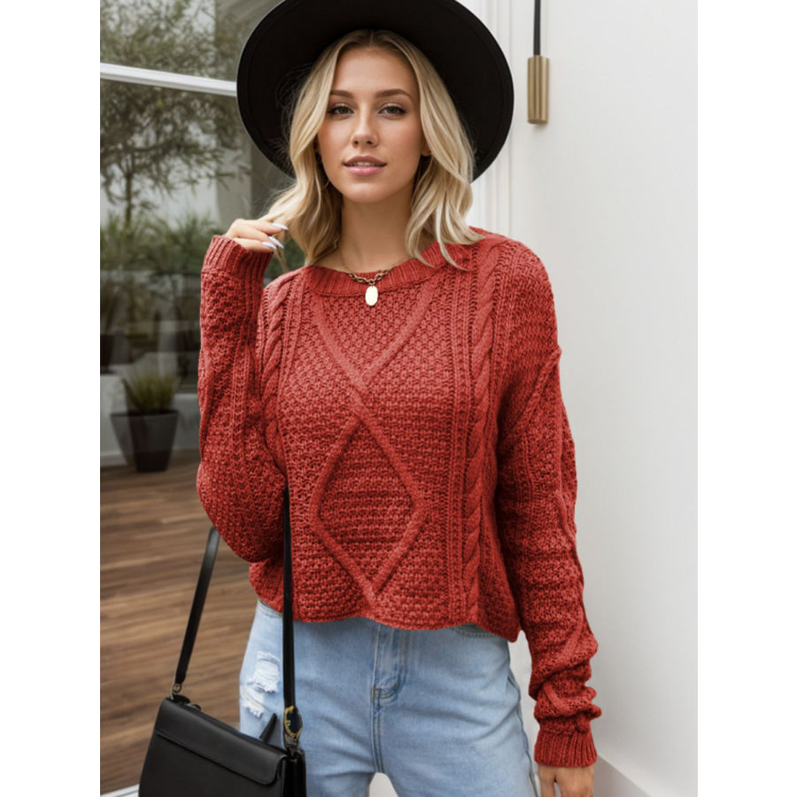 Cable-Knit Round Neck Dropped Shoulder Sweater Apparel and Accessories