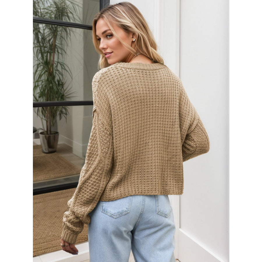 Cable-Knit Round Neck Dropped Shoulder Sweater Apparel and Accessories