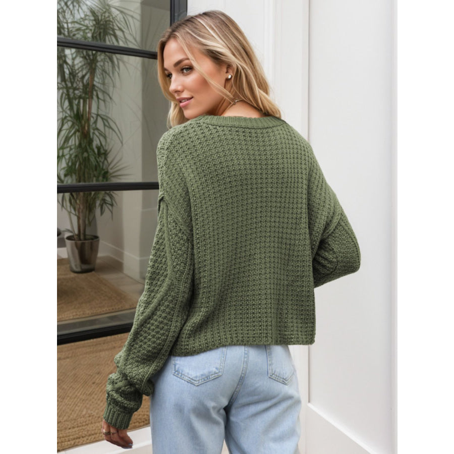 Cable-Knit Round Neck Dropped Shoulder Sweater Apparel and Accessories