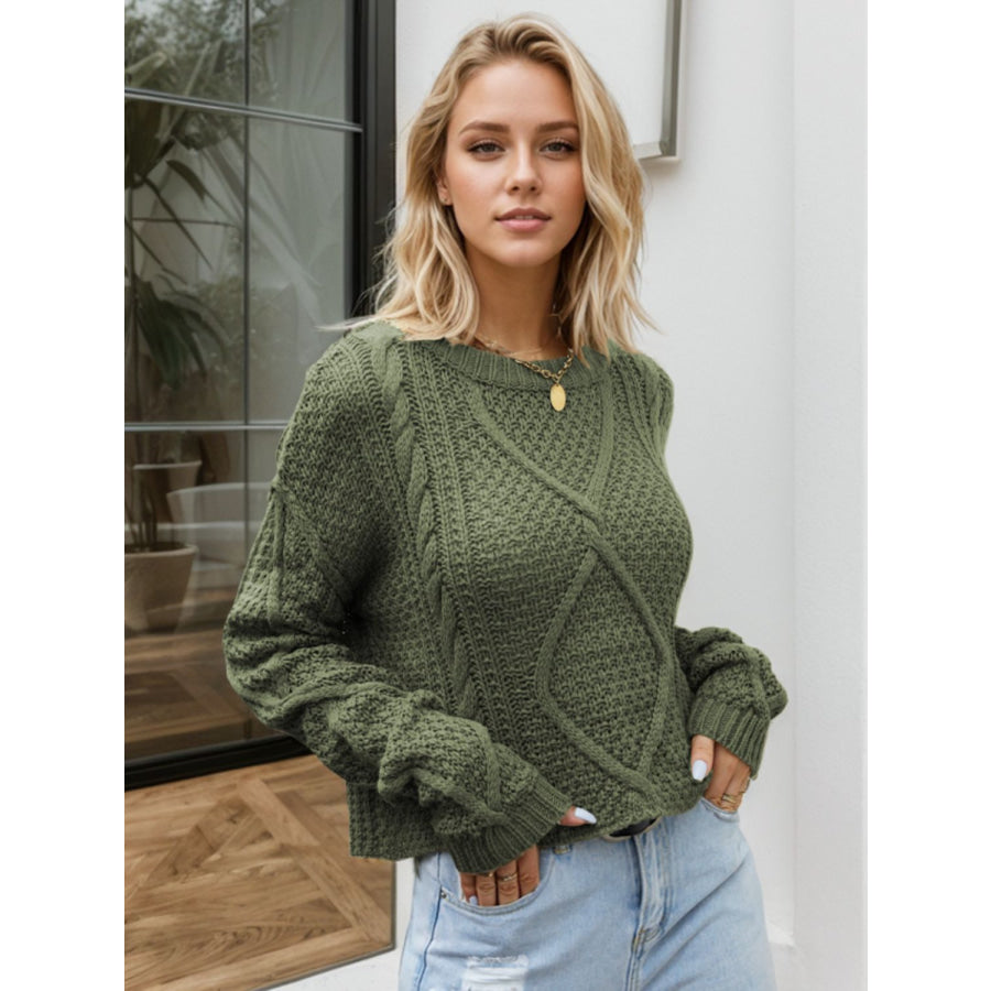 Cable-Knit Round Neck Dropped Shoulder Sweater Apparel and Accessories