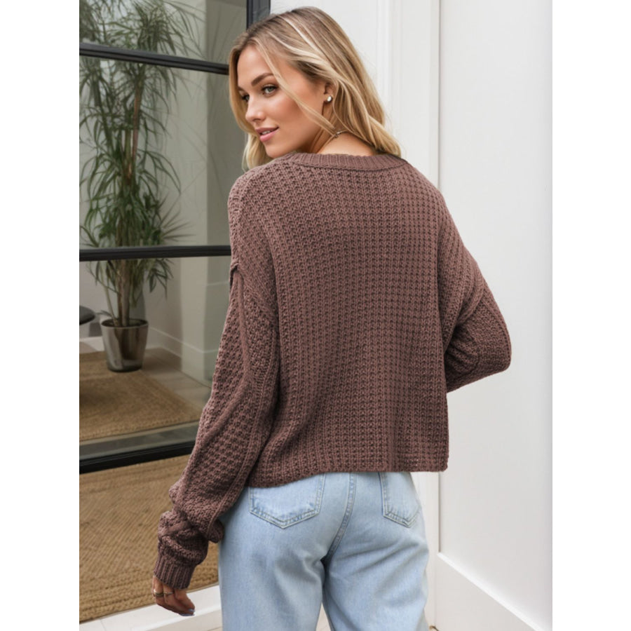 Cable-Knit Round Neck Dropped Shoulder Sweater Apparel and Accessories