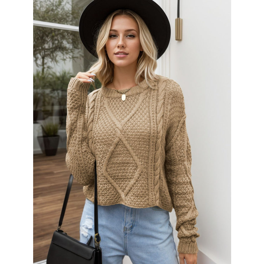 Cable-Knit Round Neck Dropped Shoulder Sweater Camel / S Apparel and Accessories