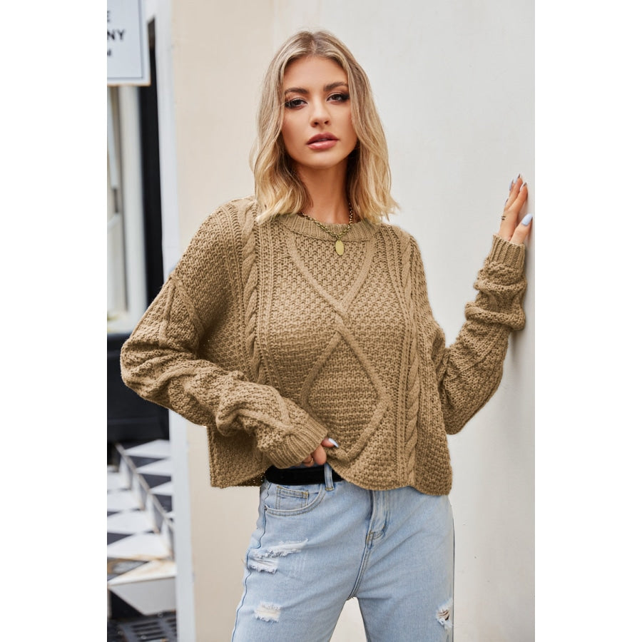 Cable-Knit Round Neck Dropped Shoulder Sweater Camel / S