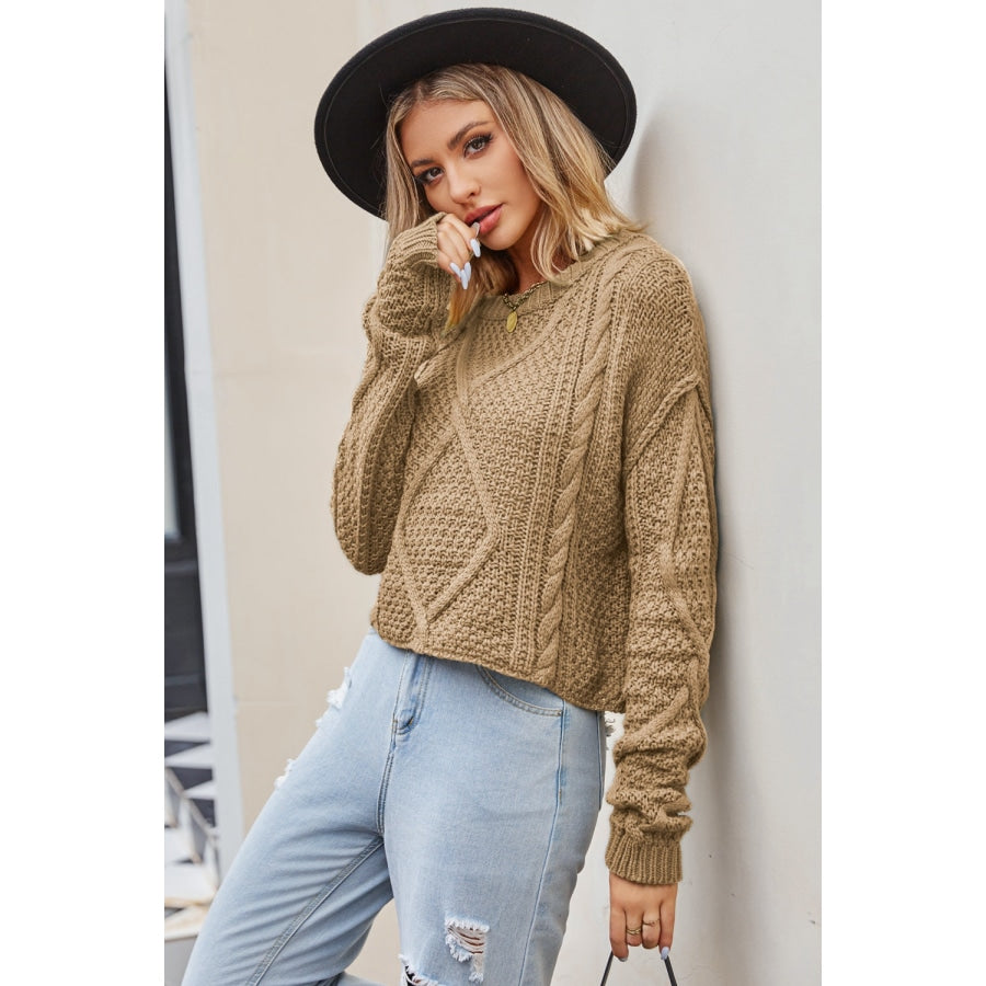 Cable-Knit Round Neck Dropped Shoulder Sweater