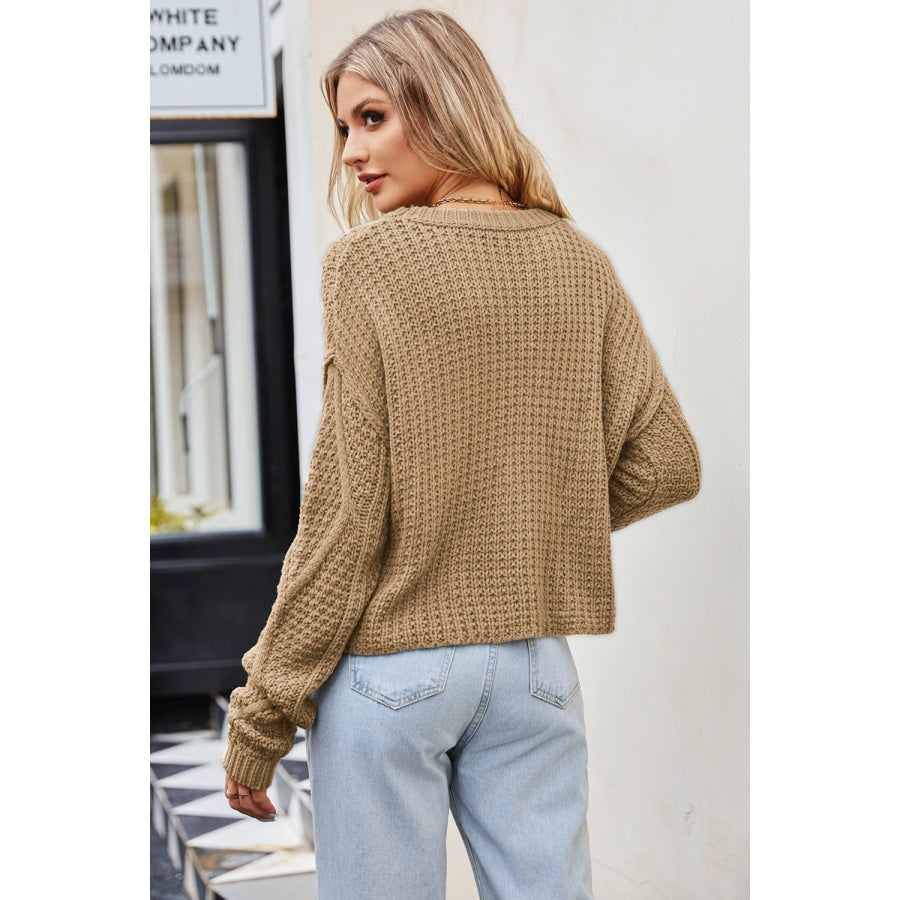 Cable-Knit Round Neck Dropped Shoulder Sweater