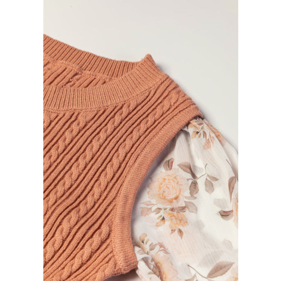 Cable Knit Round Neck Flounce Sleeve Sweater Apparel and Accessories