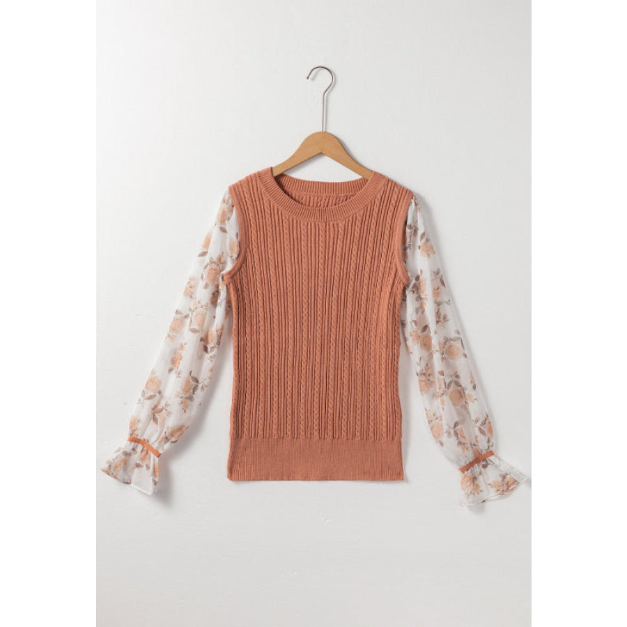 Cable Knit Round Neck Flounce Sleeve Sweater Apparel and Accessories