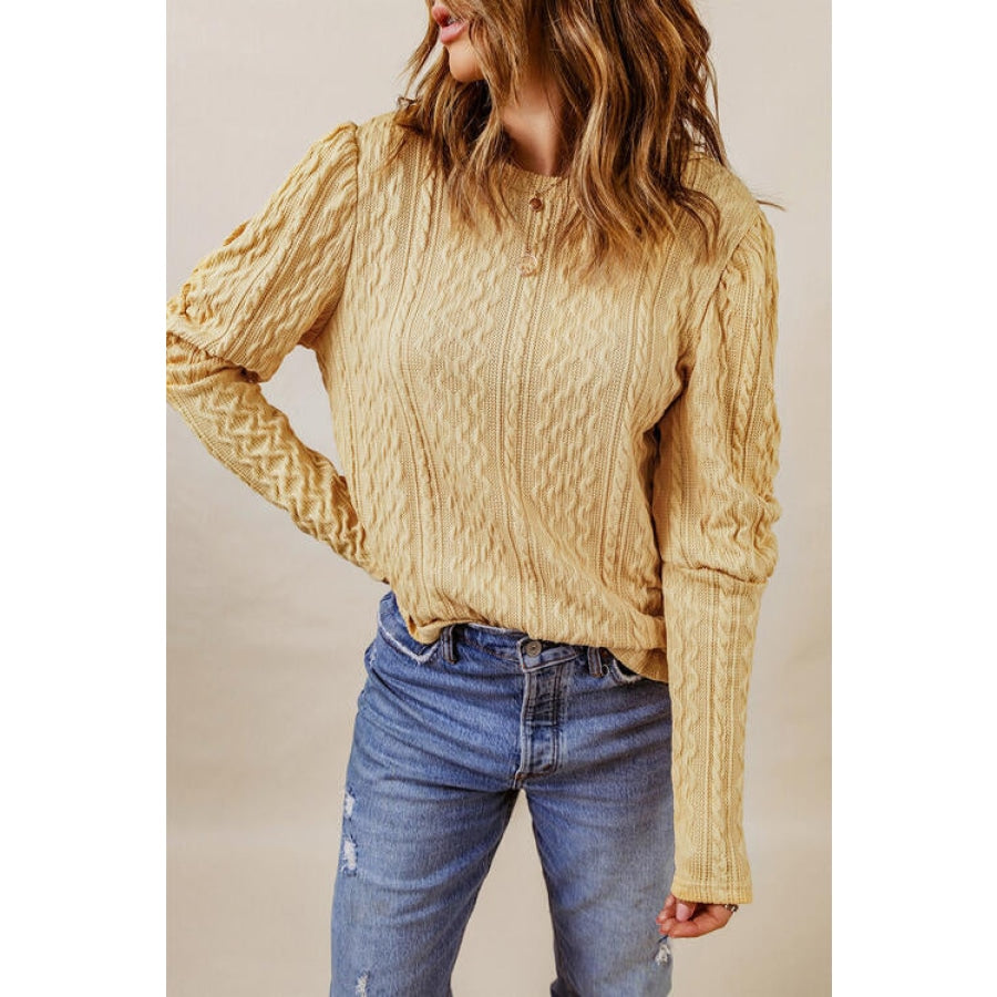 Cable-Knit Round Neck Long Sleeve Blouse