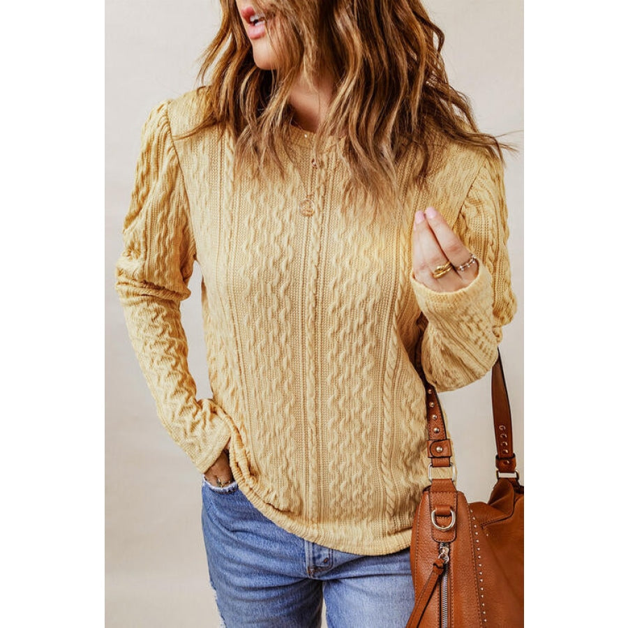 Cable-Knit Round Neck Long Sleeve Blouse