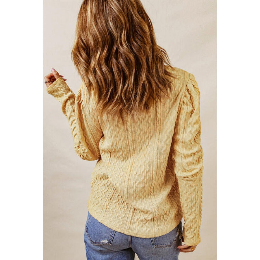 Cable-Knit Round Neck Long Sleeve Blouse