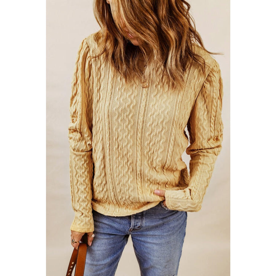 Cable-Knit Round Neck Long Sleeve Blouse Yellow Green / S