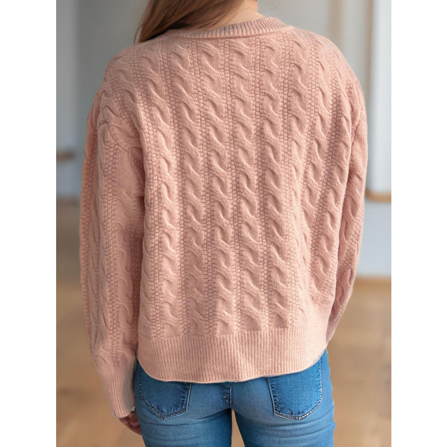 Cable-Knit Round Neck Long Sleeve Cardigan Apparel and Accessories