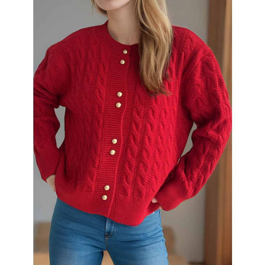 Cable-Knit Round Neck Long Sleeve Cardigan Apparel and Accessories